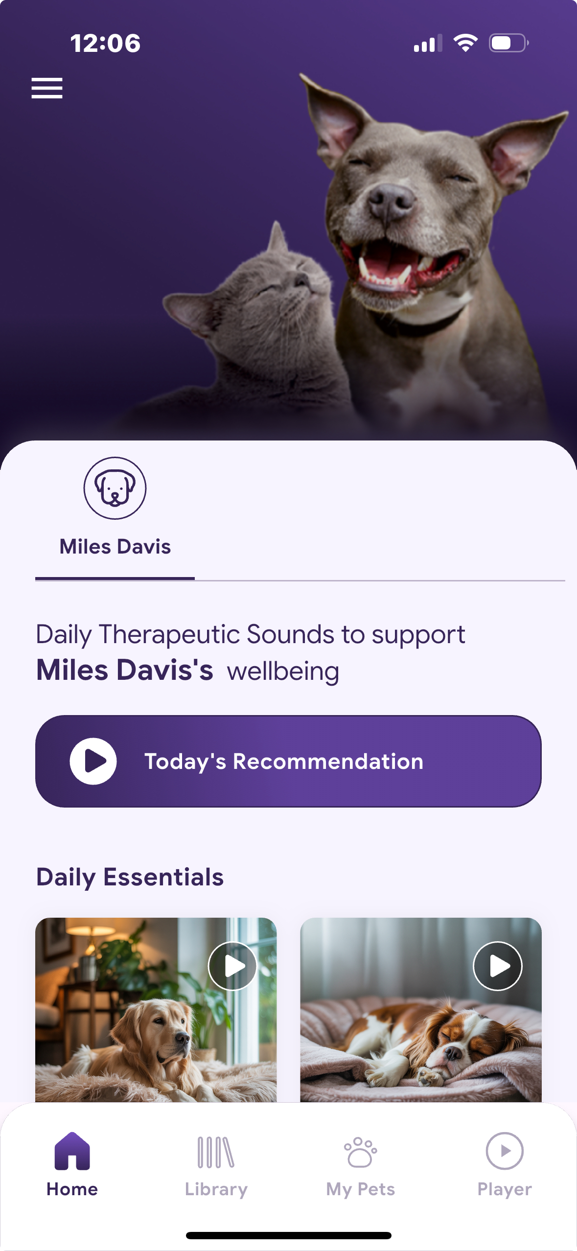 Zoundz for Pets mobile app home screen showing daily therapeutic sound recommendations