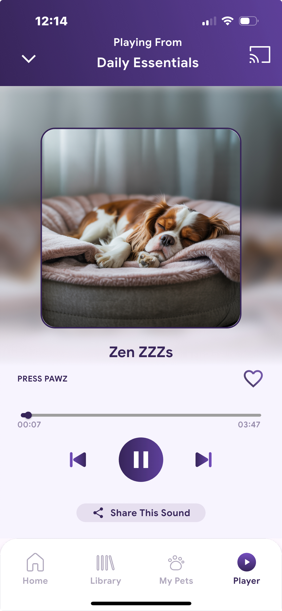 Zoundz for Pets mobile app player screen playing a calming sound track